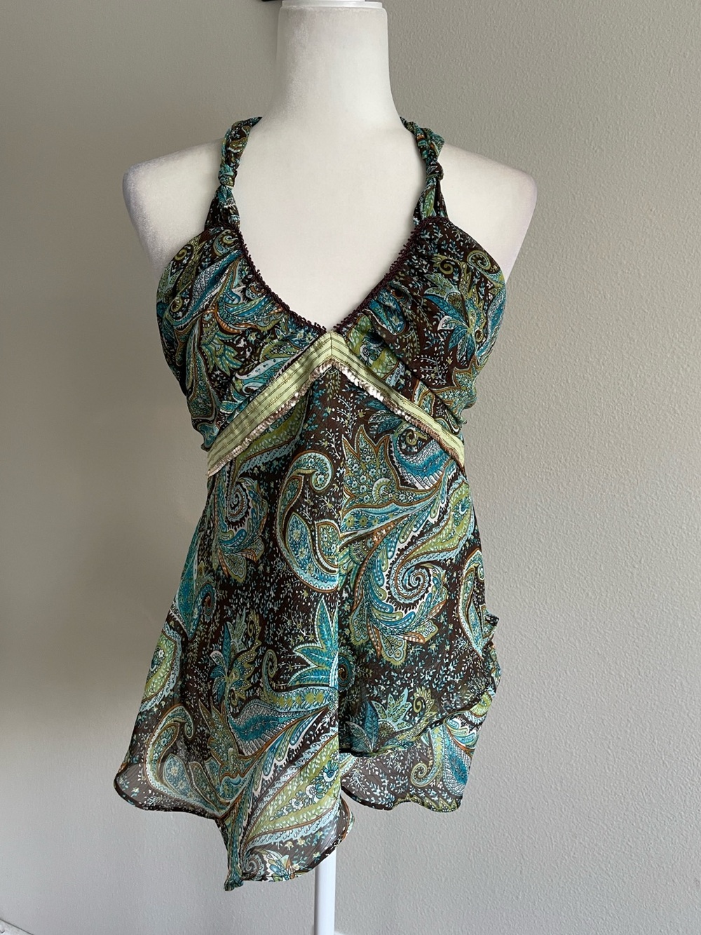 Candie's Vintage Teal, Brown & Green Paisley Halter Top